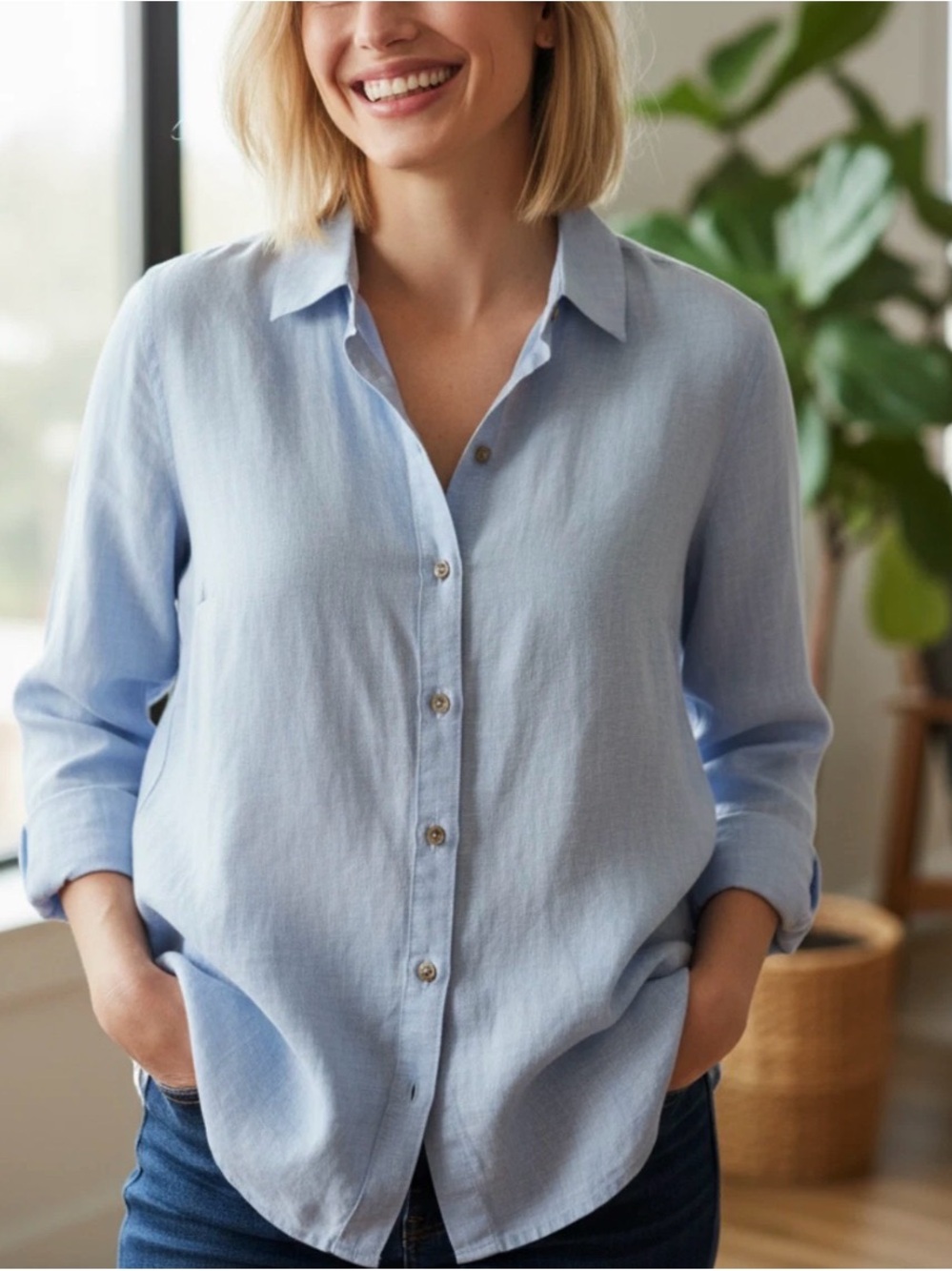 J.Jill Essentials Love Linen Women’s Button Up Long Sleeve Shirt Blue Size Large